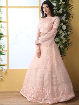 Peach Bridal Thread With Sequence Embroidered Work Wedding & Party Wear Lehenga Choli
