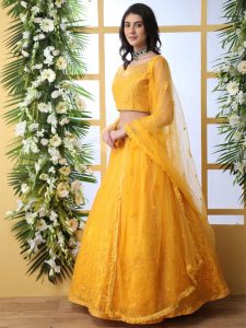 Mustard Yellow Bridal Thread With Sequence Embroidered Work Wedding & Party Wear Lehenga Choli