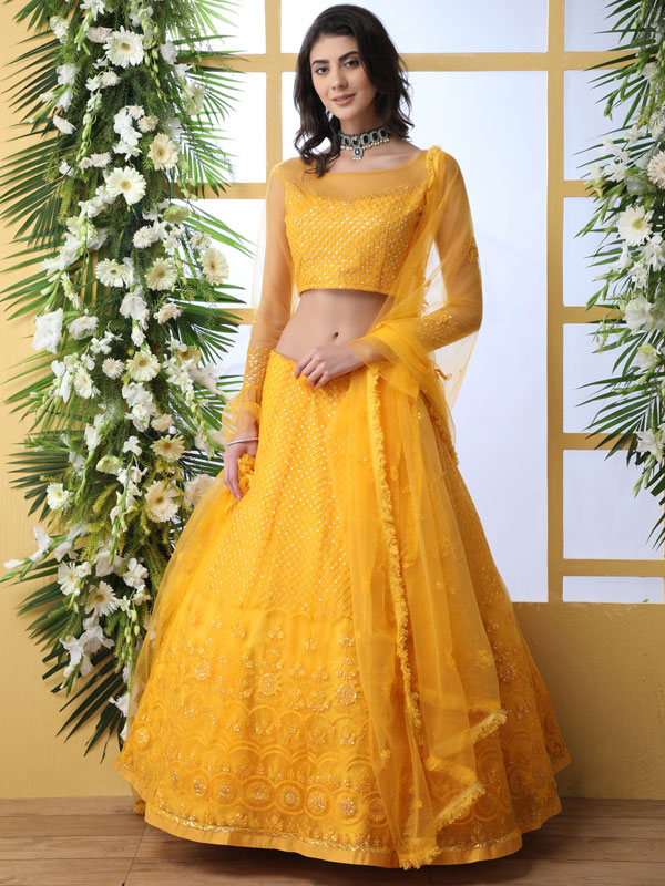 MUSTARD YELLOW HEAVY EMBROIDERED DESIGNER BRIDAL LEHENGA –