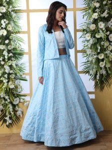 Sky Blue Designer Thread With Sequence Embroidered Work Wedding & Party Wear Lehenga Choli