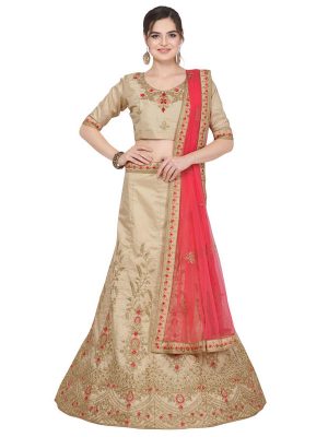 Beige Colour Satin Silk Zari Embroidery & Diamond Work Lehenga Choli