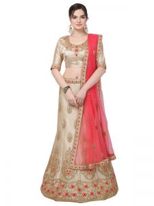 Beige Colour Satin Silk Zari Embroidery & Diamond Work Lehenga Choli