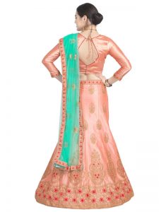 Peach Colour Satin Silk Zari Embroidery & Diamond Work Lehenga Choli