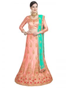 Peach Colour Satin Silk Zari Embroidery & Diamond Work Lehenga Choli