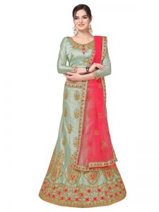 Light Green Colour Satin Silk Zari Embroidery & Diamond Work Lehenga Choli