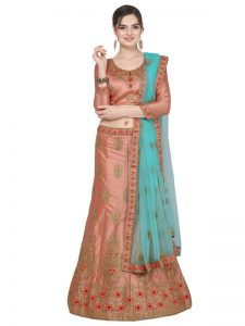 Peach Colour Satin Silk Zari Embroidery & Diamond Work Lehenga Choli