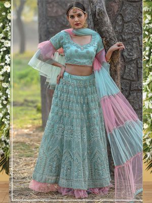 Mint Colour Net Resham & Zari Work Lehenga Choli