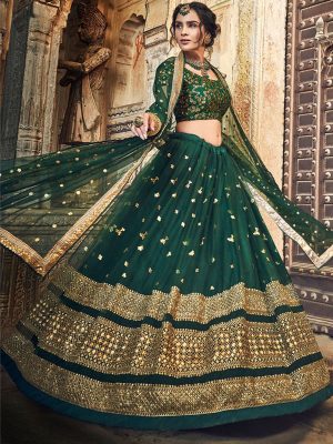 Green Colour Net Sequence & Stone Work Lehenga Choli