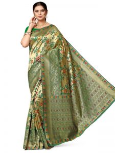 Green Banarasi Jacquard Designer Woven Zari Work Saree