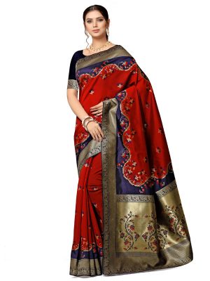 Red Banarasi Jacquard Designer Woven Zari Work Saree