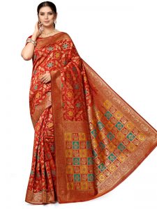 Red Banarasi Jacquard Designer Woven Zari Work Saree