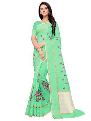 Green Cotton Silk Designer Embroidered Buti Work Saree