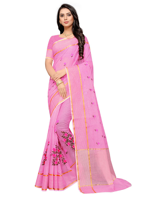 Pink Cotton Silk Designer Embroidered Buti Work Saree