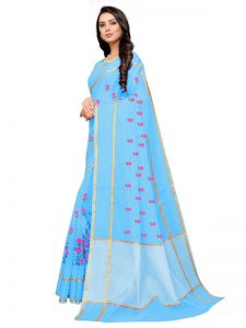 Light Blue Cotton Silk Designer Embroidered Buti Work Saree