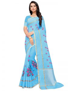 Light Blue Cotton Silk Designer Embroidered Buti Work Saree