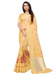 Yellow Cotton Silk Designer Embroidered Buti Work Saree