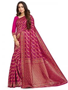 Pink Banarsi Jacquard Silk Designer Woven Zari Work Saree