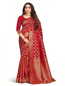 Red Banarsi Jacquard Silk Designer Woven Zari Work Saree