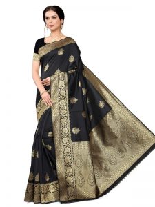 Black Banarsi Jacquard Silk Designer Woven Zari Work Saree