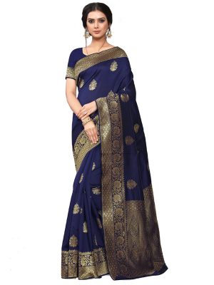 Blue Banarsi Jacquard Silk Designer Woven Zari Work Saree