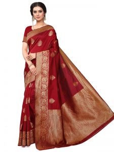 Red Banarsi Jacquard Silk Designer Woven Zari Work Saree