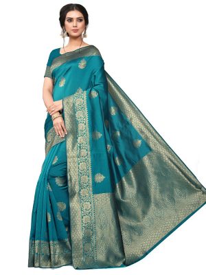 Light Blue Banarsi Jacquard Silk Designer Woven Zari Work Saree