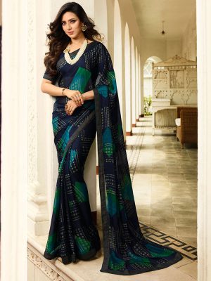 Designer Partywear Printed Navy Blue White Rangoli Fancy Saree