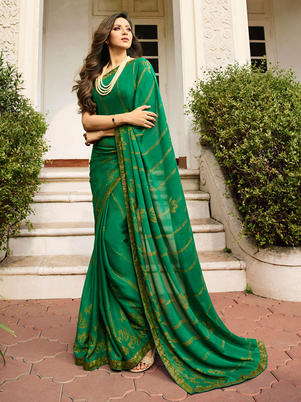 Designer Partywear Printed Green White Rangoli Fancy Saree