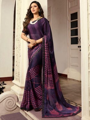 Designer Partywear Printed Violet White Rangoli Fancy Saree