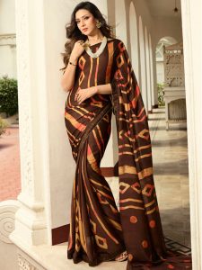 Designer Partywear Printed Brown White Rangoli Fancy Saree