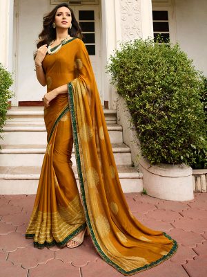 Designer Partywear Printed Dark Golden White Rangoli Fancy Saree