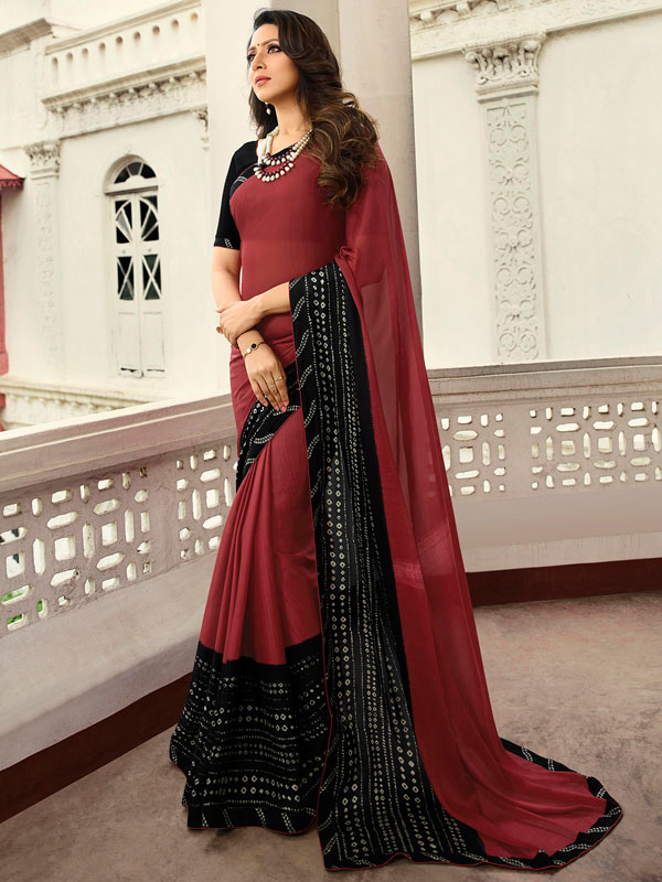 Designer Partywear Printed Red and Black White Rangoli Fancy Saree