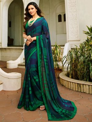 Designer Partywear Printed Blue and Green White Rangoli Fancy Saree
