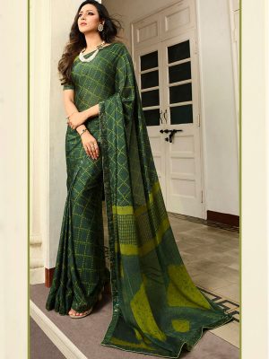 Designer Partywear Printed Olive Green White Rangoli Fancy Saree