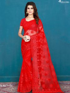 Red Net Embroidery & Stone Work Saree