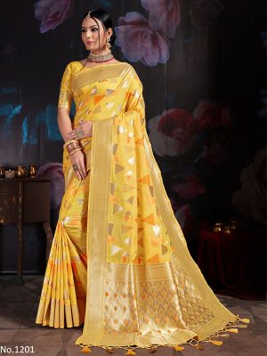 Yellow Banarasi Cotton Silk Digital Print Saree