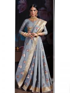 Light Grey Banarasi Cotton Silk Digital Print Saree