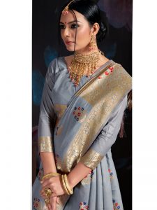 Light Grey Banarasi Cotton Silk Digital Print Saree