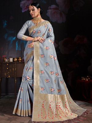 Light Grey Banarasi Cotton Silk Digital Print Saree