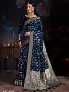 Dark Blue Banarasi Cotton Silk Digital Print Saree