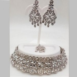 Silver Colour Bridal Wedding Jewellery Alloy Necklace Sets for Women
