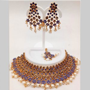 Blue Colour Bridal Wedding Jewellery Alloy Necklace Sets for Women