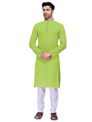 Green Colour Art Silk Kurta Pajama For Men