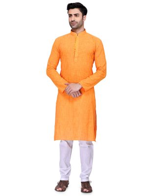 Orange Colour Art Silk Kurta Pajama For Men