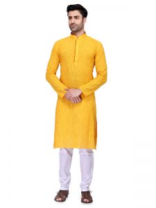 Yellow Colour Art Silk Kurta Pajama For Men