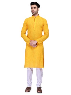 Yellow Colour Art Silk Kurta Pajama For Men