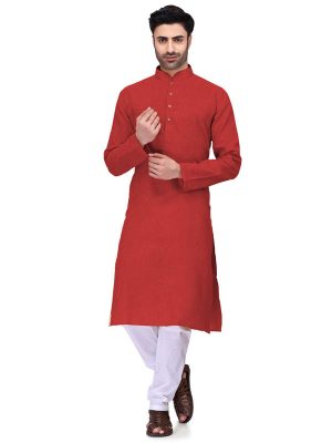 Red Colour Art Silk Kurta Pajama For Men