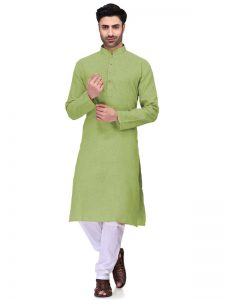 Green Colour Art Silk Kurta Pajama For Men