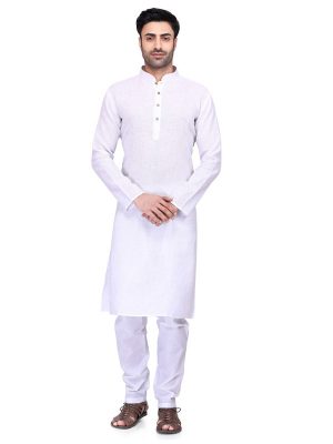 White Colour Art Silk Kurta Pajama For Men