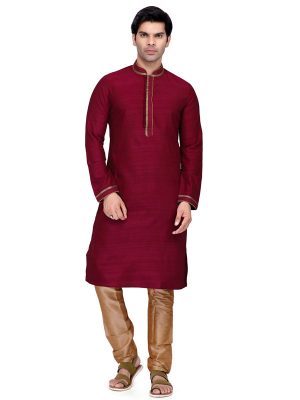 Maroon Colour Art Silk Kurta Pajama For Men